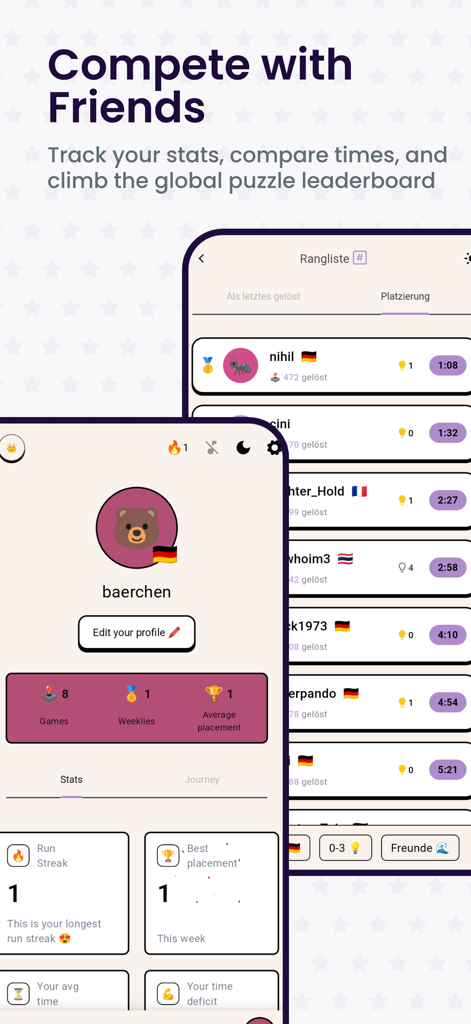 Tabla de clasificación global y pantalla de estadísticas de perfil de usuario en la aplicación Mosaic Jigsaw Picture Puzzle