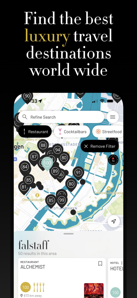 Falstaff Guide - Map interface of the Falstaff Guide app showing luxury restaurant and hotel ratings
