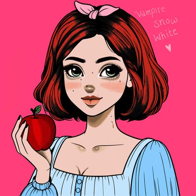 a woman with medium short hair, wearing a headband with a small bow, carrying an apple in her hand, realistic