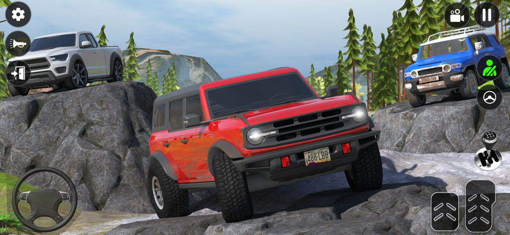 4x4 Offroad Jeep Driving Sim - Un SUV rojo escalando rocas en terreno montañoso en el simulador de conducción de jeeps todoterreno 4x4