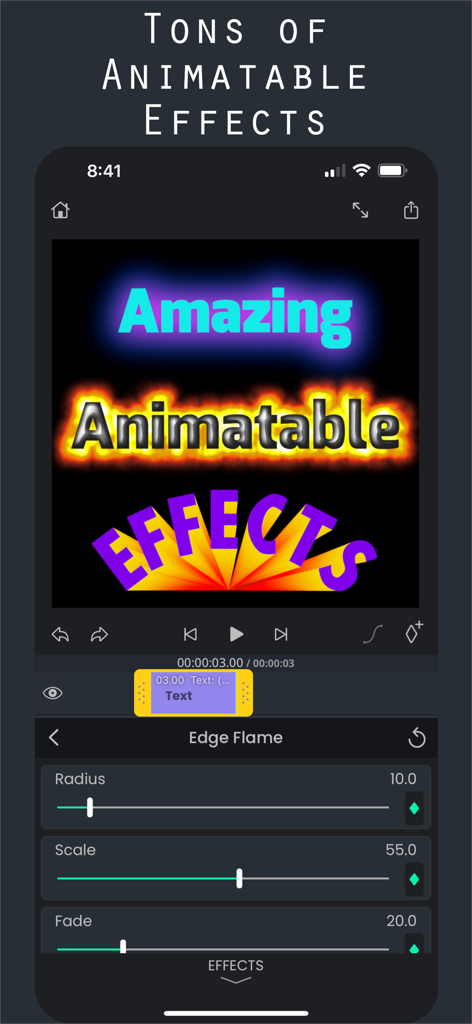 Superimpose V - Video Editor - Superimpose V video editor interface showing animatable text effects and customization sliders.