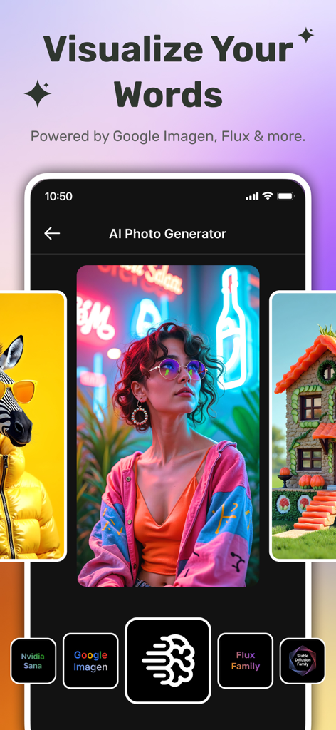50+ AI Design Tools: MagicShot - MagicShot App-Bildschirm zeigt einen KI-Fotogenerator mit vielfältigen kreativen Bildern wie einer stilvollen Frau und einem Zebra mit Jackett.