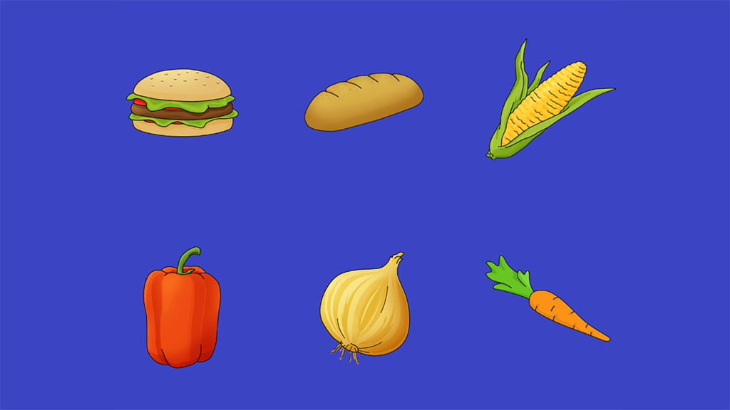 Hippi 1アプリの青い背景に、ハンバーガー、パン、野菜など6つのシンプルな食品アイコン。