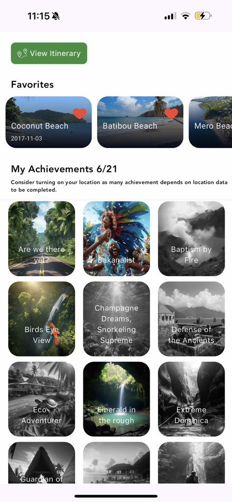 Explore Dominica - Explore Dominica app screen showing user favorites and a grid of travel achievement badges