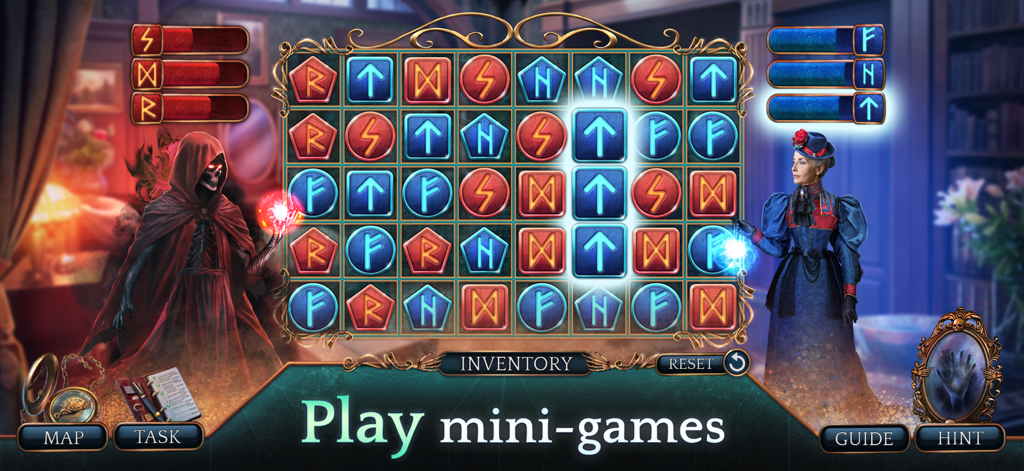 Haunting Novel 1: Hidden Hotel - フードをかぶった骸骨の姿とビクトリア朝の女性が登場する、Haunting Novel 1 Hidden Hotelのルーンマッチングパズルミニゲーム