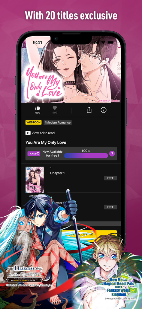 독점 로맨스 타이틀과 무료 일일 읽기 티켓을 보여주는 MANGA BANG 앱 인터페이스