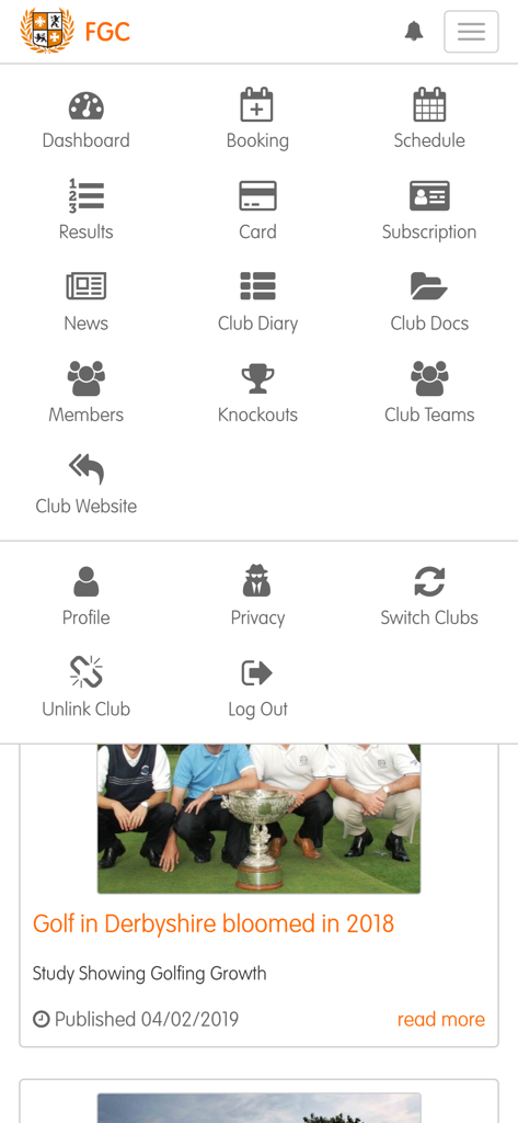ClubV1 Members Hub - Capture d'écran de l'application ClubV1 Members Hub montrant le menu de navigation principal avec des icônes pour les réservations, les résultats, les nouvelles du club et les paramètres de profil