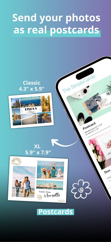 SimplyCards - custom postcard - SimplyCards app showing custom classic and XL postcards made from personal travel photos.