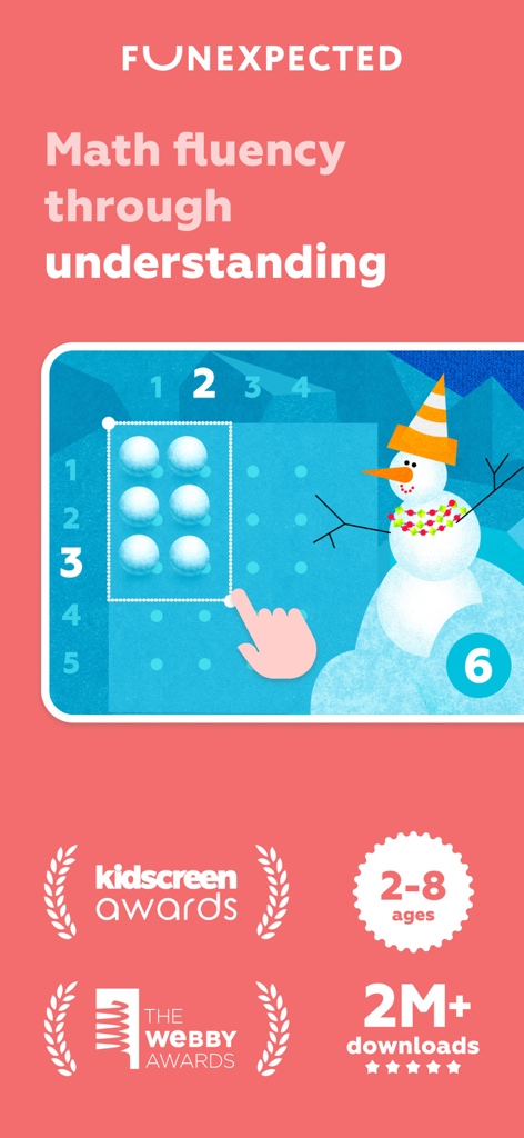 Tela do aplicativo Funexpected Math for Kids com um jogo de contagem de boneco de neve e prêmios da indústria