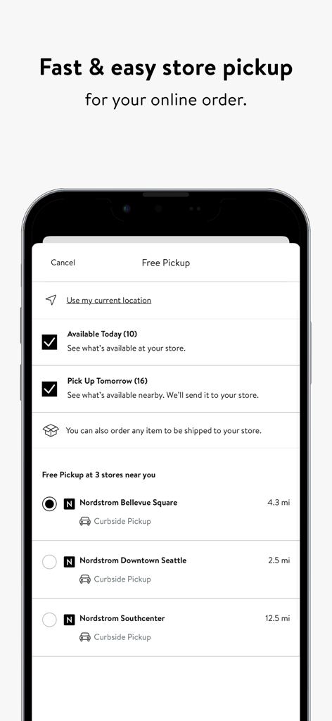Interface of the Nordstrom app displaying available store pickup and curbside options for online shopping.