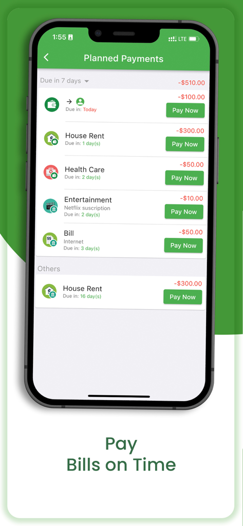 Finance Assist: Money Tracker - Mobile app interface showing upcoming planned payments for rent and utilities with pay now buttons