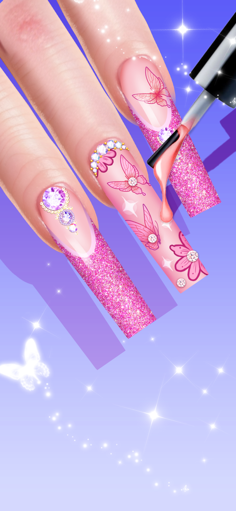 Nail Salon - Girl Art Game - 네일 살롱 게임에서 핑크 글리터가 긴 네일에 나비와 꽃 디자인이 있는 클로즈업