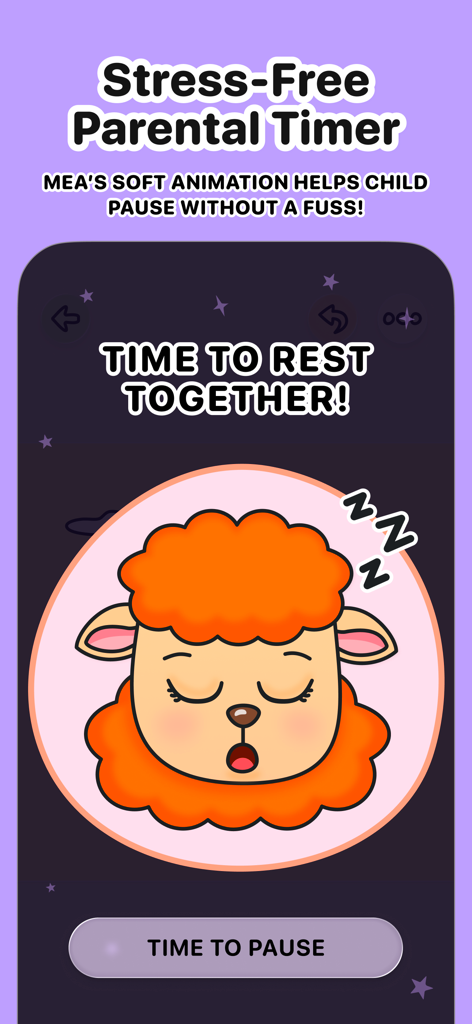 AI-Free Kids Coloring • Mea - Parental timer screen in the Mea coloring app showing a sleeping sheep to signal the end of screen time