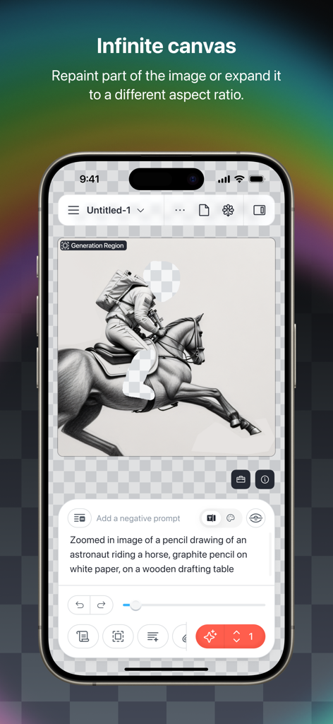 Draw Things: Offline AI Art - Draw Things app demonstrating infinite canvas and inpainting features with a pencil drawing of an astronaut on a horse