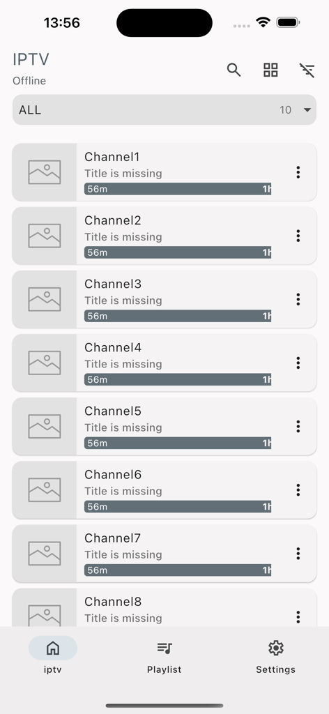 Interface de l'application OttPlayertv affichant une liste verticale de chaînes IPTV avec un menu de navigation en bas