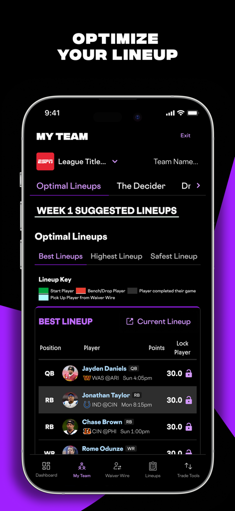 Mobile app screen showing suggested optimal starting lineups for a fantasy football team