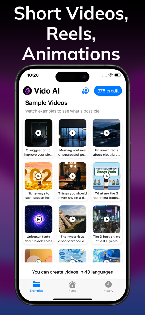AI Video Maker: Vido - Vido AI app interface displaying a gallery of sample short videos for social media content creators