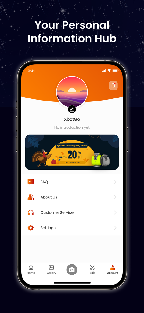XbotGo - Pagina dell'account dell'app XbotGo che mostra le impostazioni del profilo e il banner promozionale del Ringraziamento