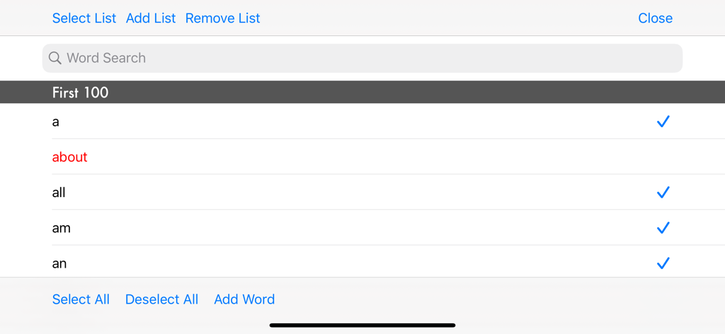 Fun Sight Words - Screen showing the management of the First 100 Fry sight words list with options to add or remove words.