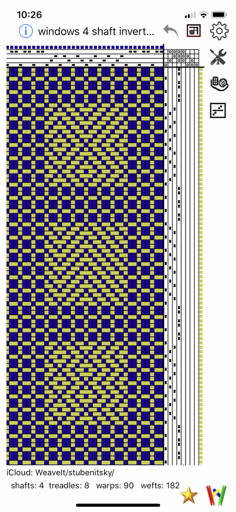 iWeaveIt - iWeaveIt app interface showing a blue and yellow weaving draft pattern with threading and treadling technical data