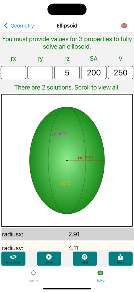 Geometry-Solver Pro - Geometry-Solver Pro app interface for solving and visualizing a 3D ellipsoid shape