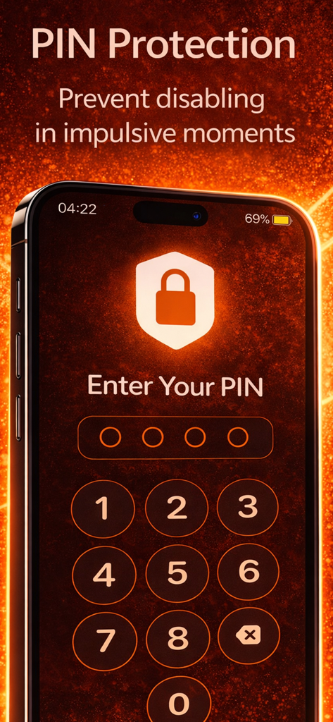 Écran de protection par code PIN dans l'application Bet Free conçu pour empêcher la désactivation des blocages de jeux d'argent pendant les moments impulsifs.