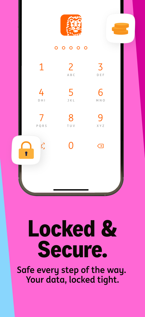 Secure login screen of the ING mobile banking app featuring a numeric keypad for PIN entry