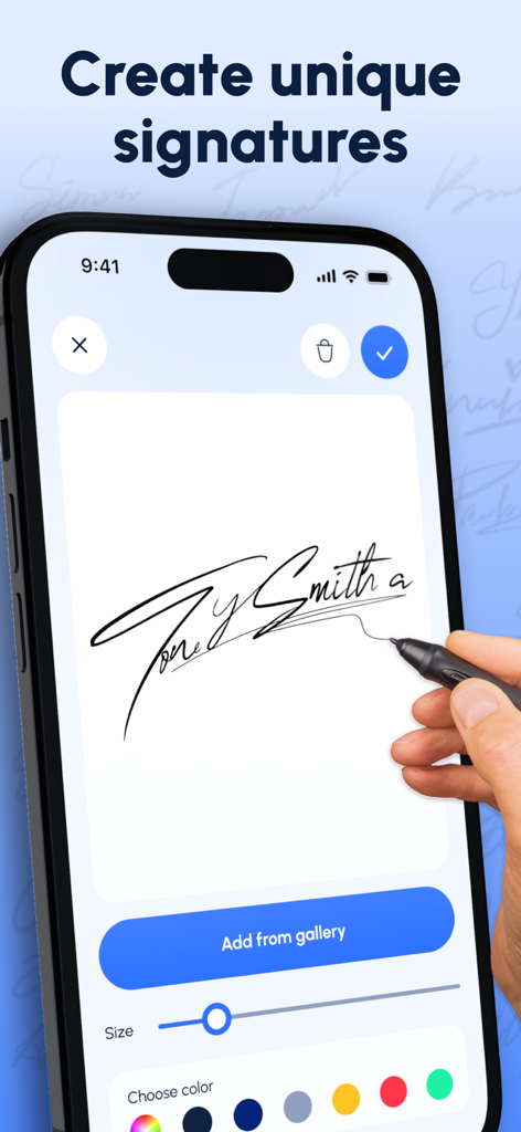 Une main utilisant un stylet pour dessiner une signature numérique sur l'écran d'un iPhone dans l'application Fill and Sign PDF.