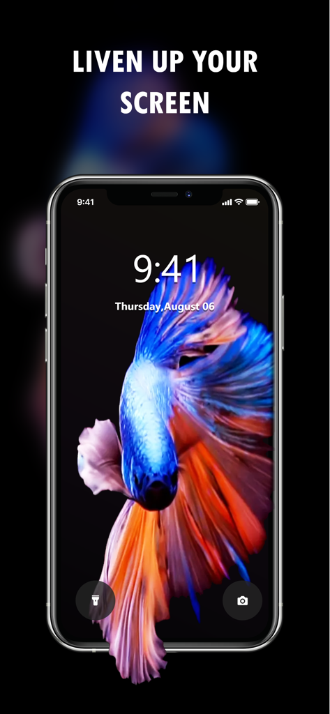 Live Wallpaper 4K Themes - Écran de verrouillage de l'iPhone présentant un fond d'écran animé vibrant d'un poisson combattant bleu et orange