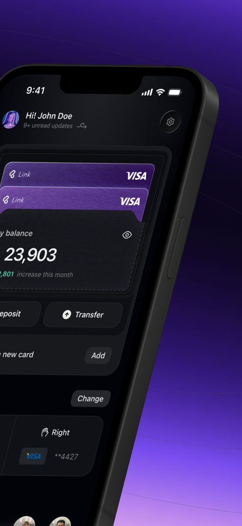 Link Wallet App - Tela de smartphone mostrando o painel do Link Wallet App com cartões de pagamento digitais e saldo