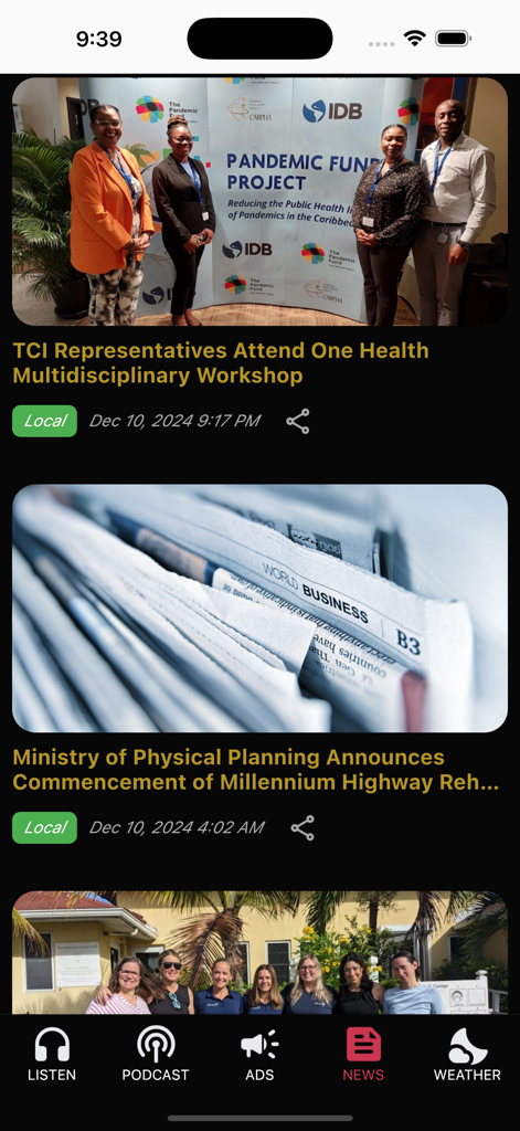 Radio Turks and Caicos - News section of the Radio Turks and Caicos mobile app displaying local news articles and a navigation menu.