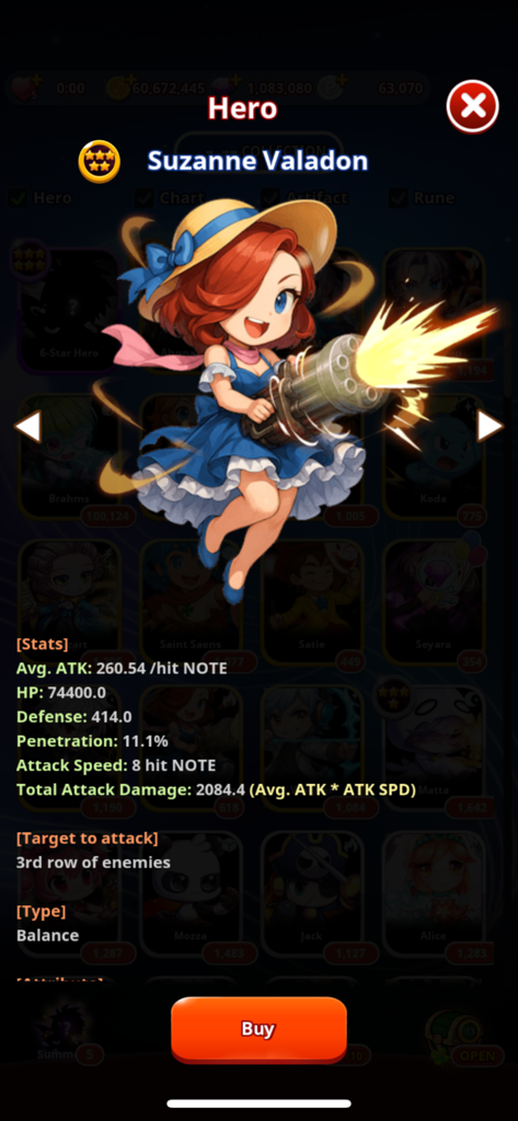 Character profile screen of Suzanne Valadon featuring a cute anime hero with a gatling gun and her RPG stats