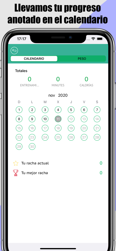 Home Exercises- No Equipment - Mobile app interface showing a monthly calendar for tracking workout progress and calories burned.