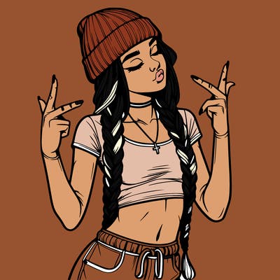 realistic teenage girl with braids and a beanie and crop top doing 🫶🏼