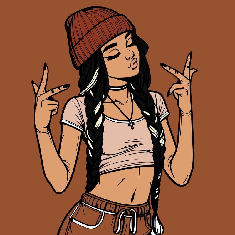 realistic teenage girl with braids and a beanie and crop top doing 🫶🏼