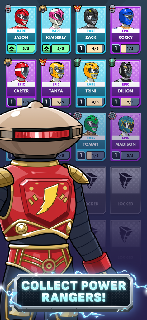Power Rangers Mighty Force - Interfaz del juego móvil mostrando a Alpha 5 y varias cartas coleccionables de Power Ranger, incluyendo a Jason, Kimberly y Zack