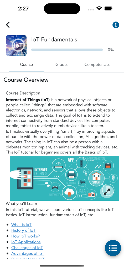 UPES LMS - UPES LMS app interface showing the course overview and topics for IoT Fundamentals