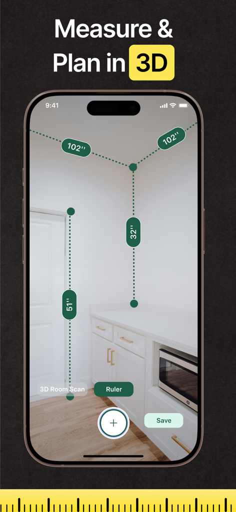Metrixアプリのインターフェースが3Dルームスキャンの拡張現実測定を表示している様子