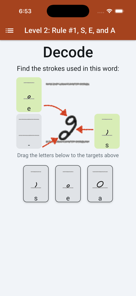 Shorthanded Gregg - Interactive shorthand decoding lesson in the Shorthanded Gregg mobile app showing letter matching for strokes