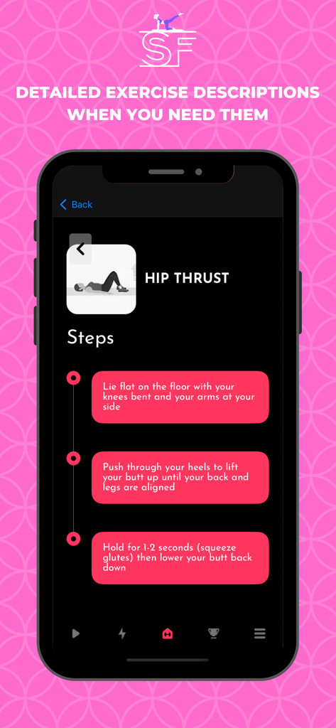 Slim Fitness - Butt Workouts - Guía detallada de ejercicios de empuje de cadera con instrucciones paso a paso en un teléfono móvil