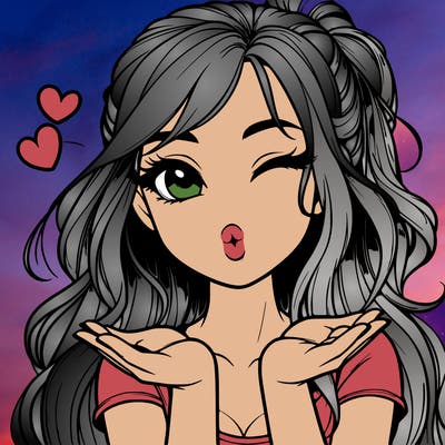 realistic girl winking and blowing a kiss while making heart hands