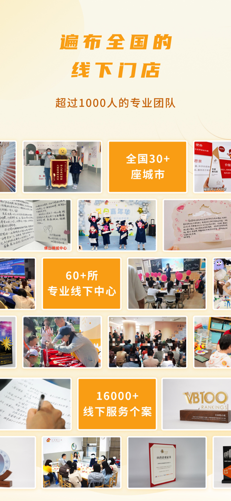 大米和小米-专注儿童发育与能力提升一站式服务平台 - A collage showcasing the professional team and extensive network of offline service centers for Dami and Xiaomi child development