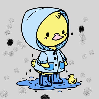 baby duck in a rain coat and boots, in a puddle while it’s raining