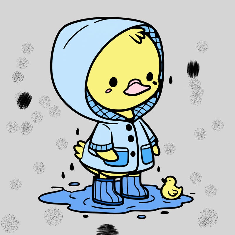 baby duck in a rain coat and boots, in a puddle while it’s raining