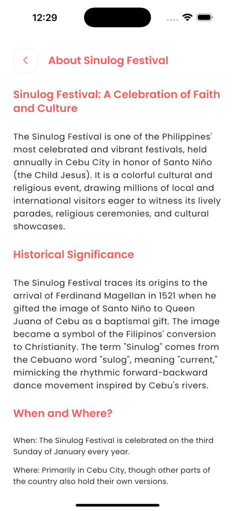 Sinulog Festival - An informational screen from the Sinulog Festival app detailing its history religious significance and event schedule