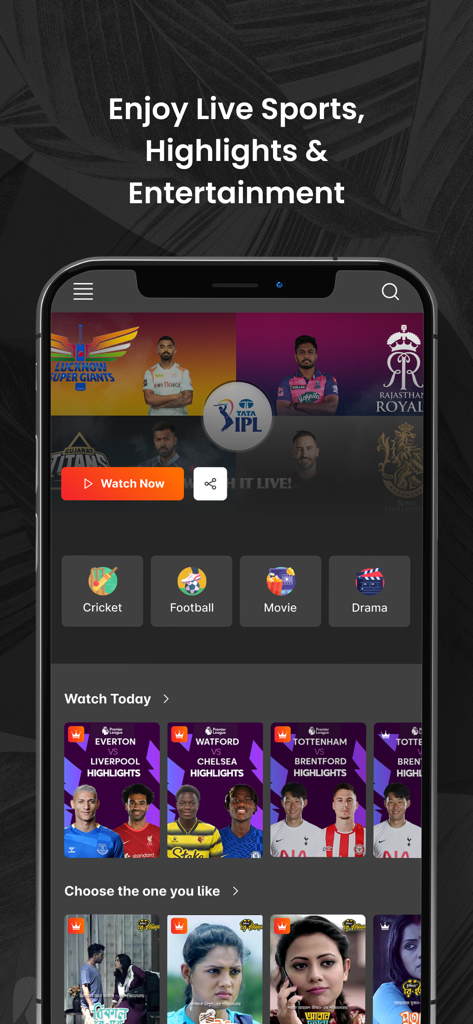 Rabbithole - LIVE & VOD - 라이브 크리켓, 축구 하이라이트 및 드라마 카테고리를 특징으로 하는 Rabbithole 앱 인터페이스.