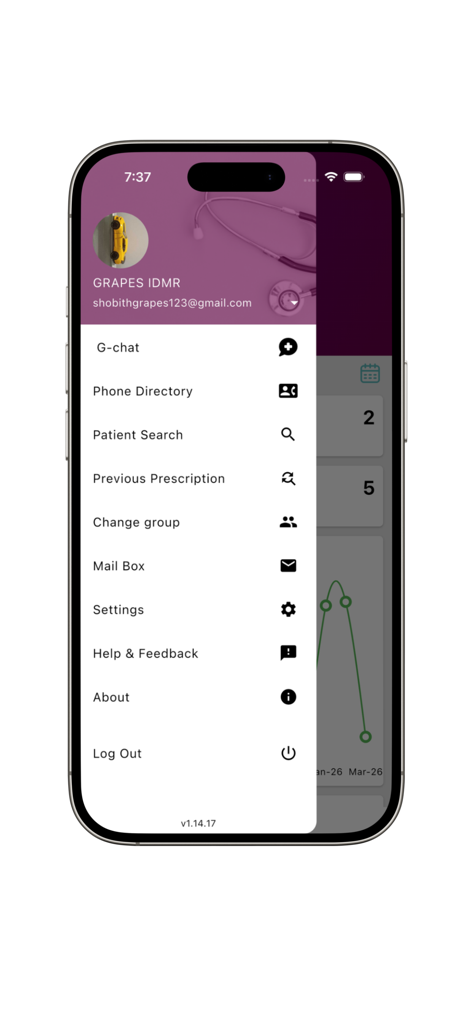 Doctor G - Menú de navegación lateral de la aplicación EMR médica Doctor G que muestra funciones clínicas