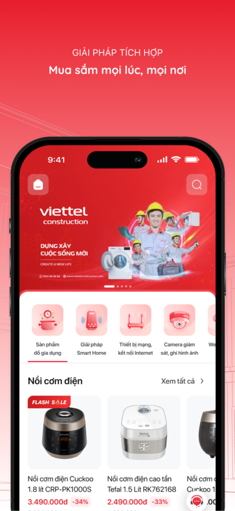 AIO - AIO app interface showing home appliance shopping and Viettel Construction services