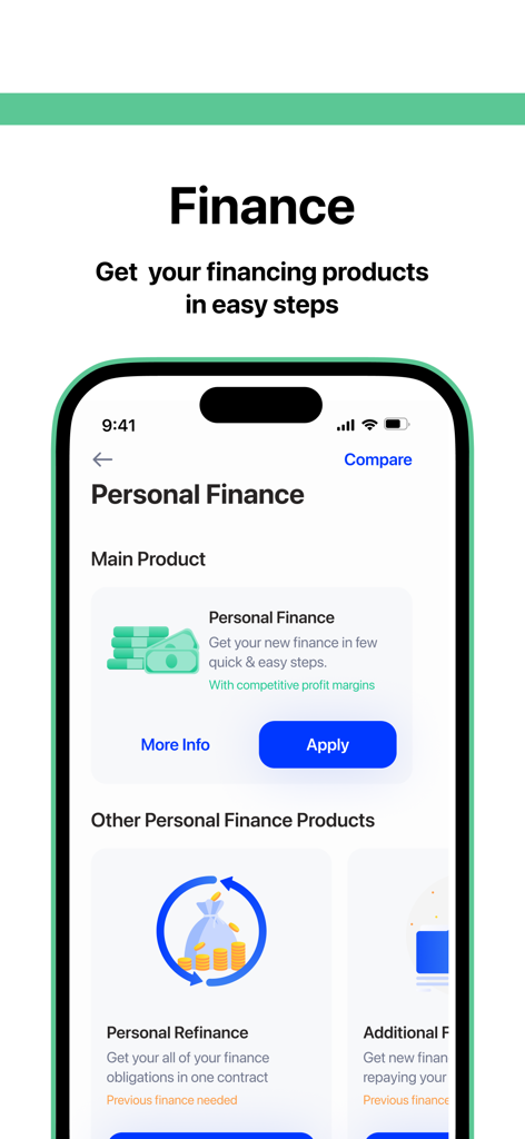 AlRajhi Mobile - A mobile app screen for Al Rajhi bank showing personal finance and refinance products with an apply button