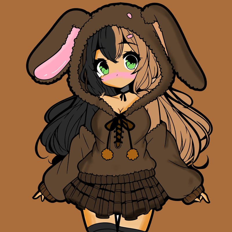 pretty anime girl wearing a fluffy hoodie with bunny ears on the hood and a skirt